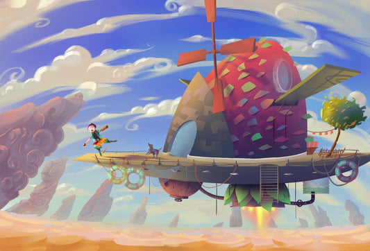 A fantasy world landscape showing a playful young person standing on a flying building that is shaped like a strawberry.