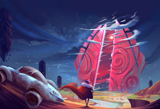 A illustration of a fantasy world landscape with a person in a red cape before a pink door opening onto a strange world.