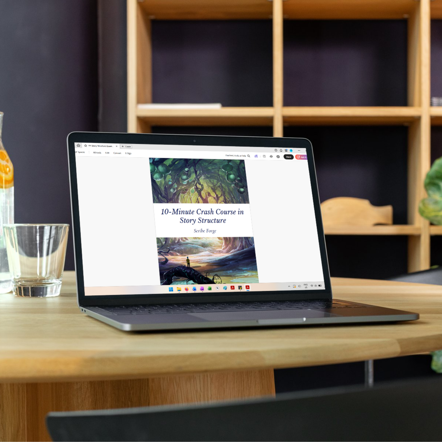 Laptop on a wooden desk with the cover of the 10-Minute Crash Course to Story Structure on the screen.