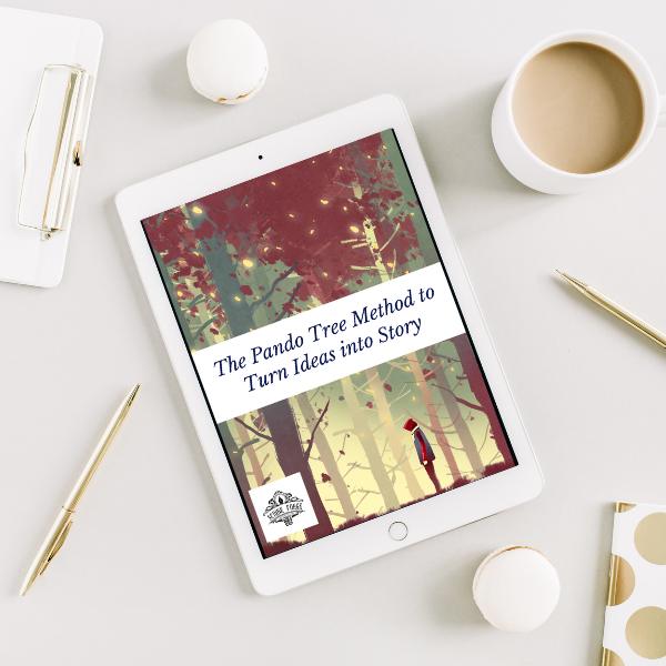 Tablet displaying the cover of The Pando Tree Method to Turn Ideas into Story on a white surface with a cup of coffee and pens.