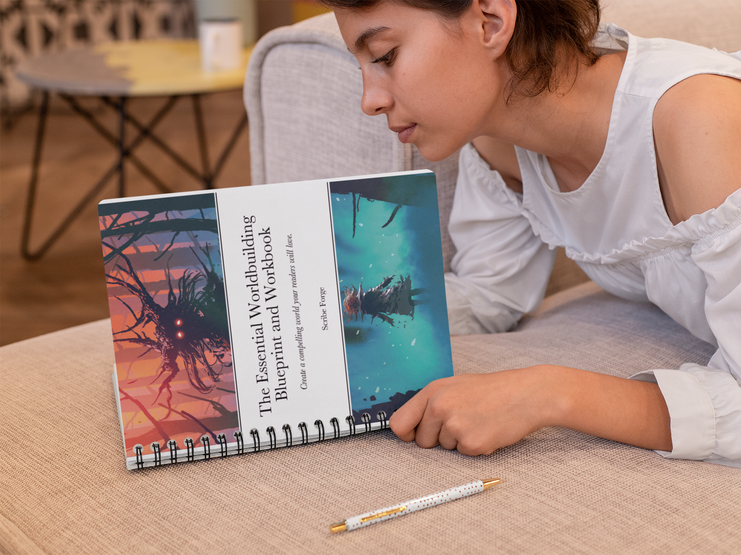 A young person writing in The Essential Worldbuilding Blueprint.
