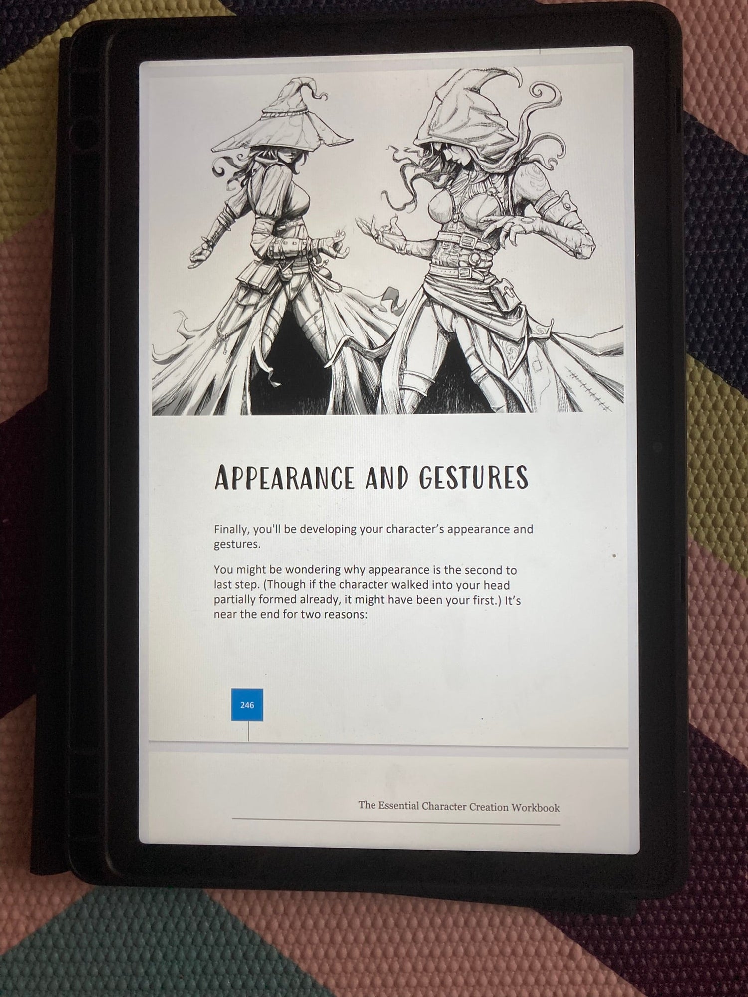 E-reader displaying a character design book with illustrations and text.