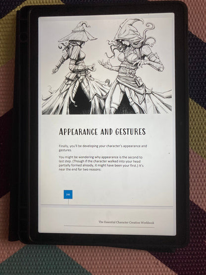 E-reader displaying a character design book with illustrations and text.