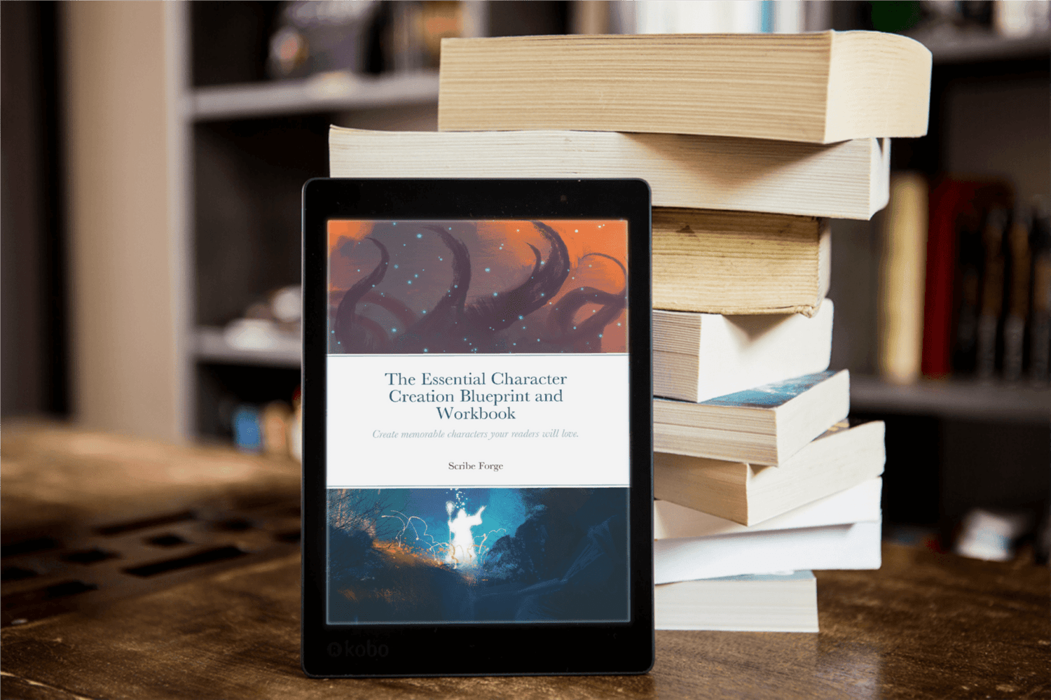 The cover of the Essential Character Creation Blueprint and Workbook on a tablet.