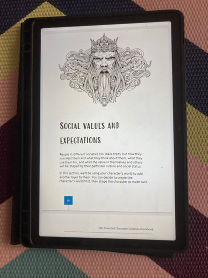 Tablet displaying the essential character creation workbook's chapter on social values.