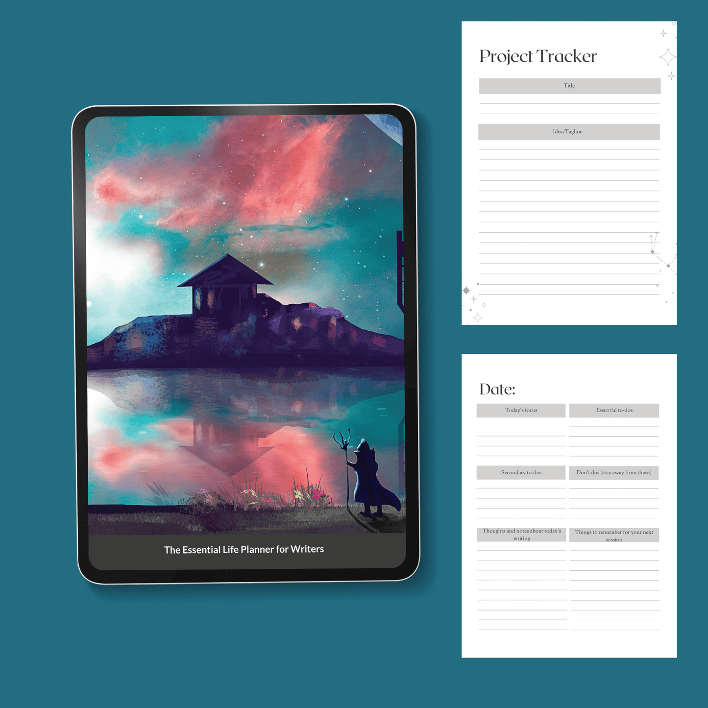 Tablet showing the fantasy cover of The Essential Life Planner for Writers. Printed pages next to it show the project tracker and daily page.