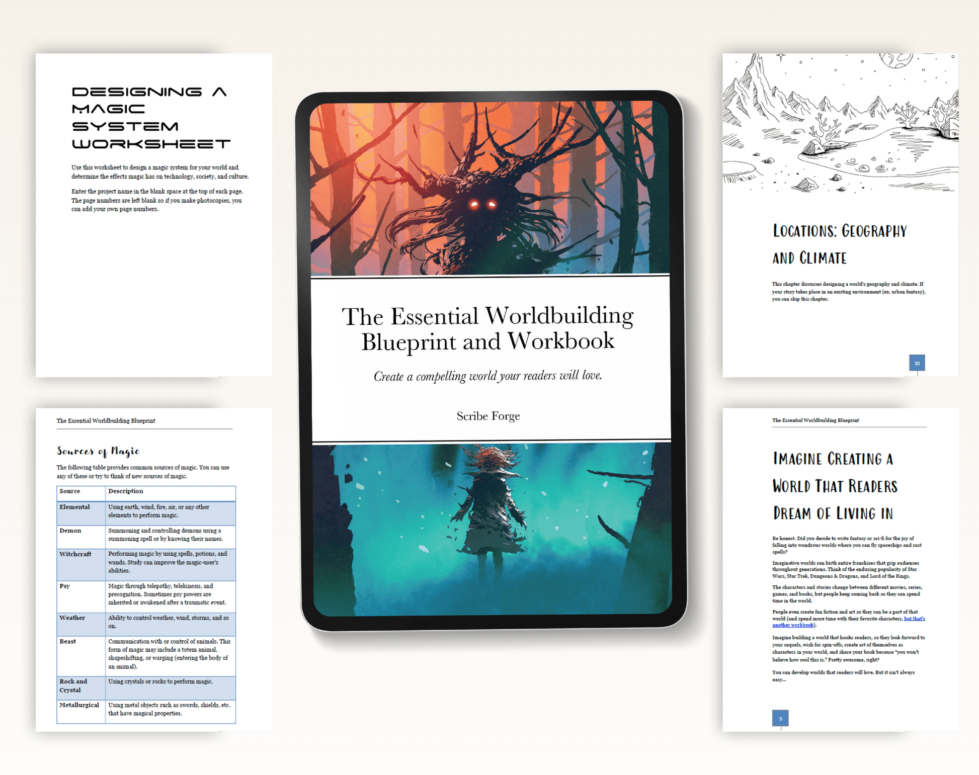 The Essential Worldbuilding workbook with illustrations and text on a white background