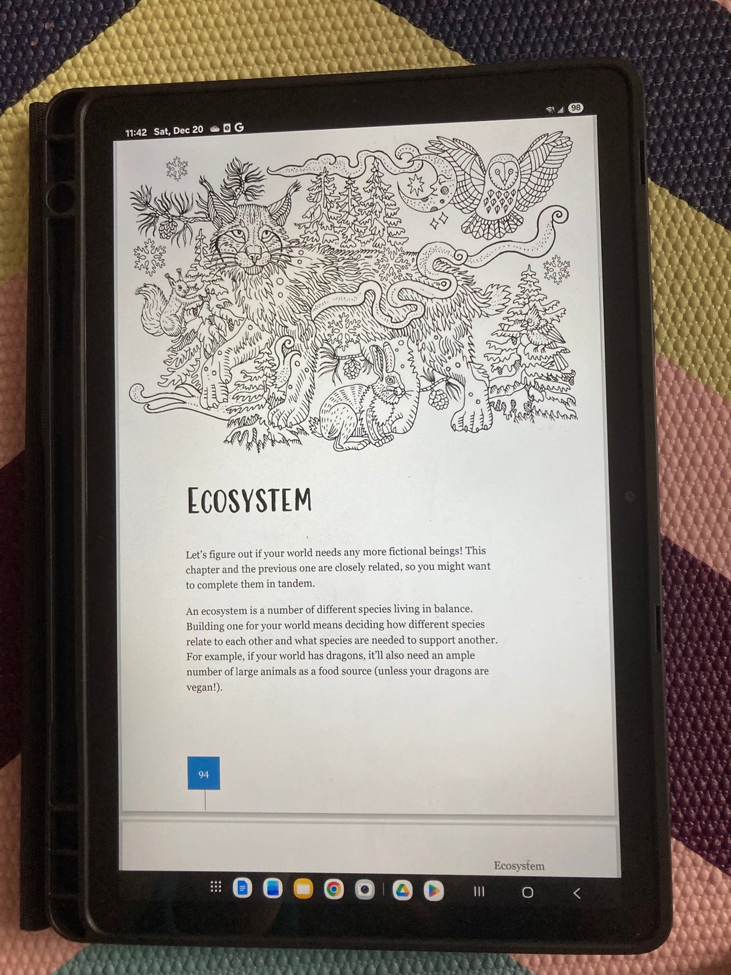 Tablet displaying the Ecosystem chapter of the essential worldbuilding workbook.