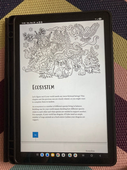 Tablet displaying the Ecosystem chapter of the essential worldbuilding workbook.