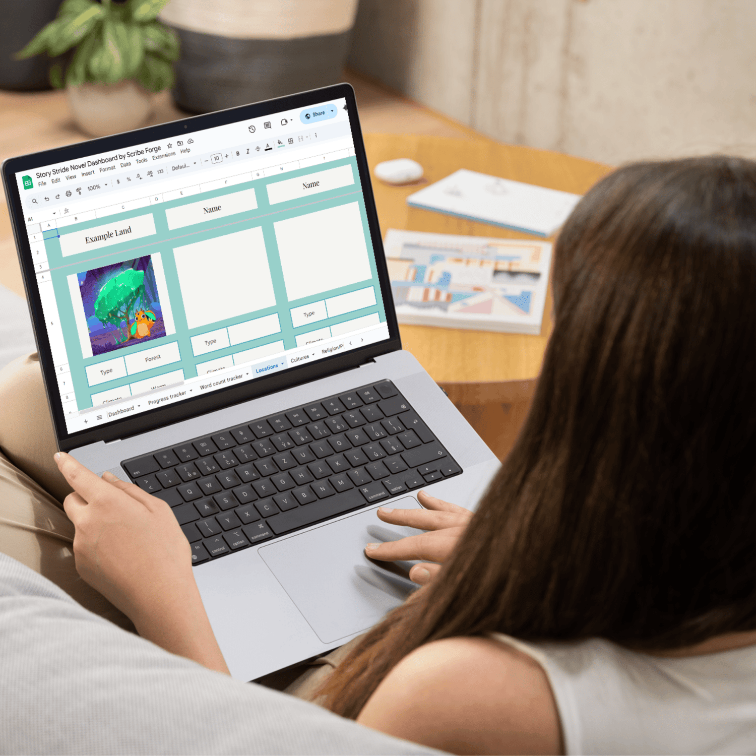 A person using The Story Stride Novel Dashboard on a laptop.