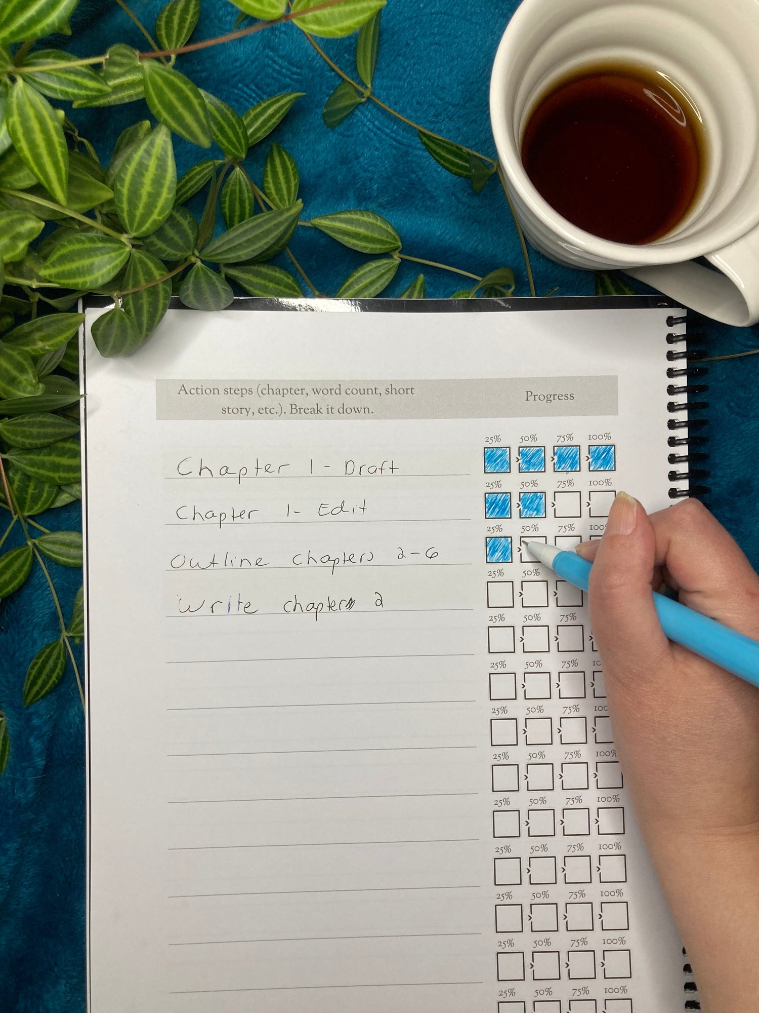 The Essential Life Planner for Writers open to the project tracking page.